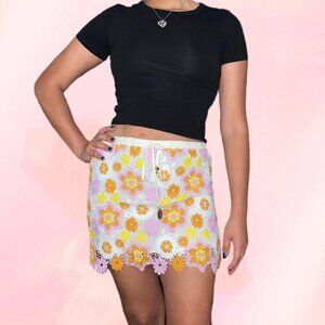 Y2k crochet orange and pink floral mini skirt
